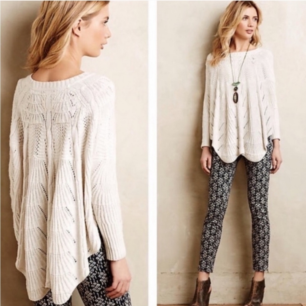 Anthro ANGEL OF THE NORTH dolman sleeve scalloped hem Pointelle knit sweater